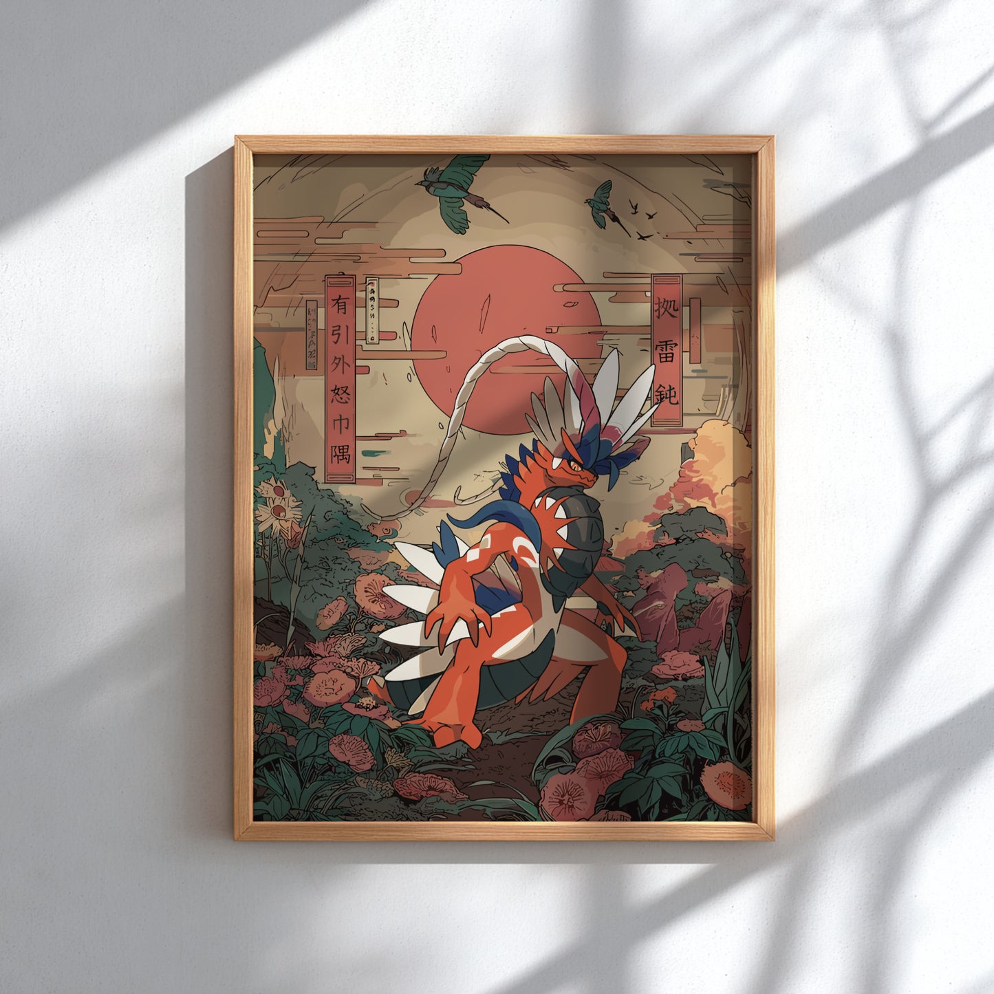 Framed artwork with Koraidon Pokemon and floral design on a white wall