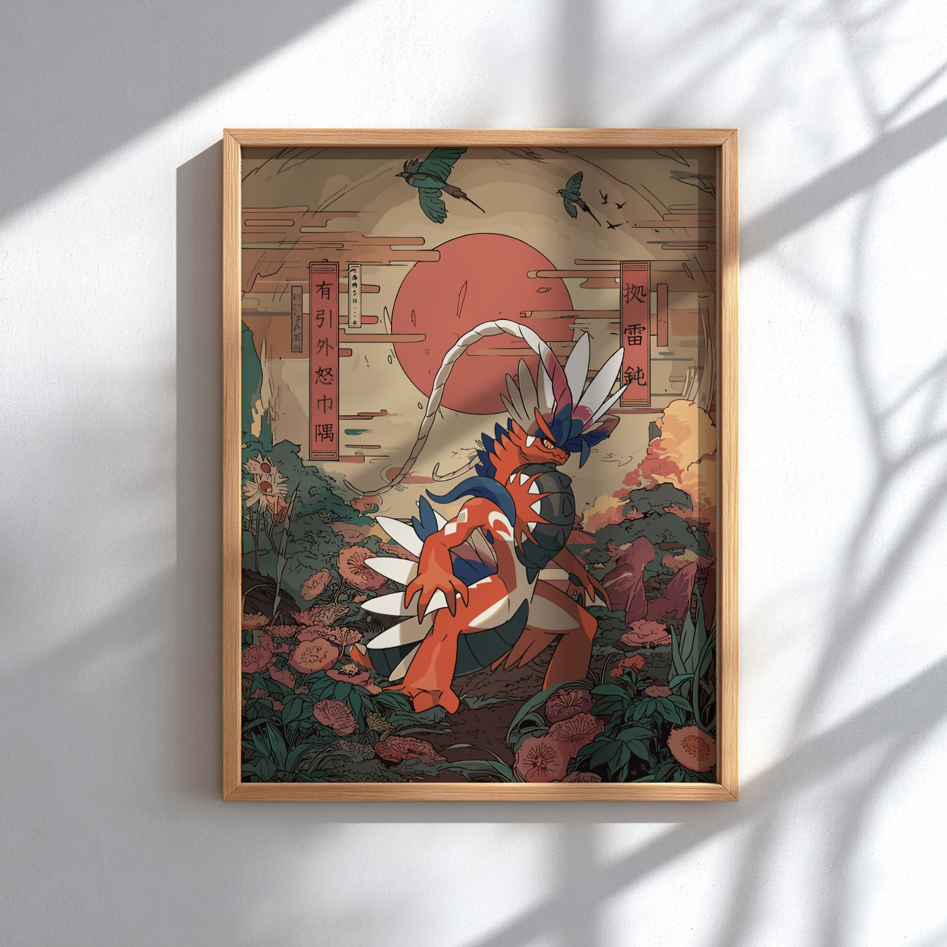 Framed artwork with Koraidon Pokemon and floral design on a white wall