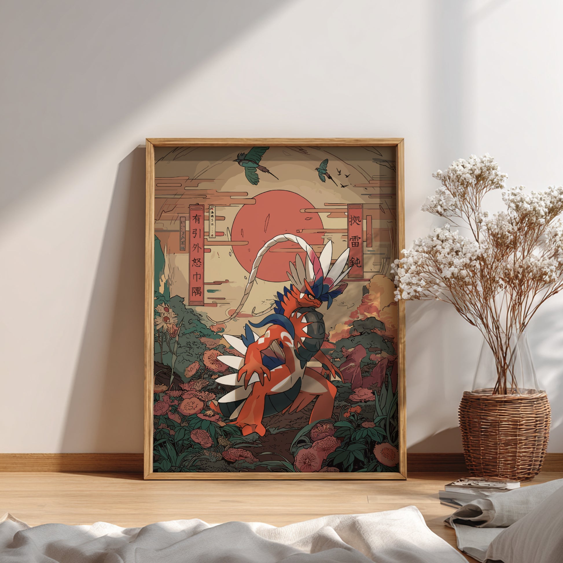 Framed artwork of Koraidon Pokemon with a red sun and floral elements on a wall.