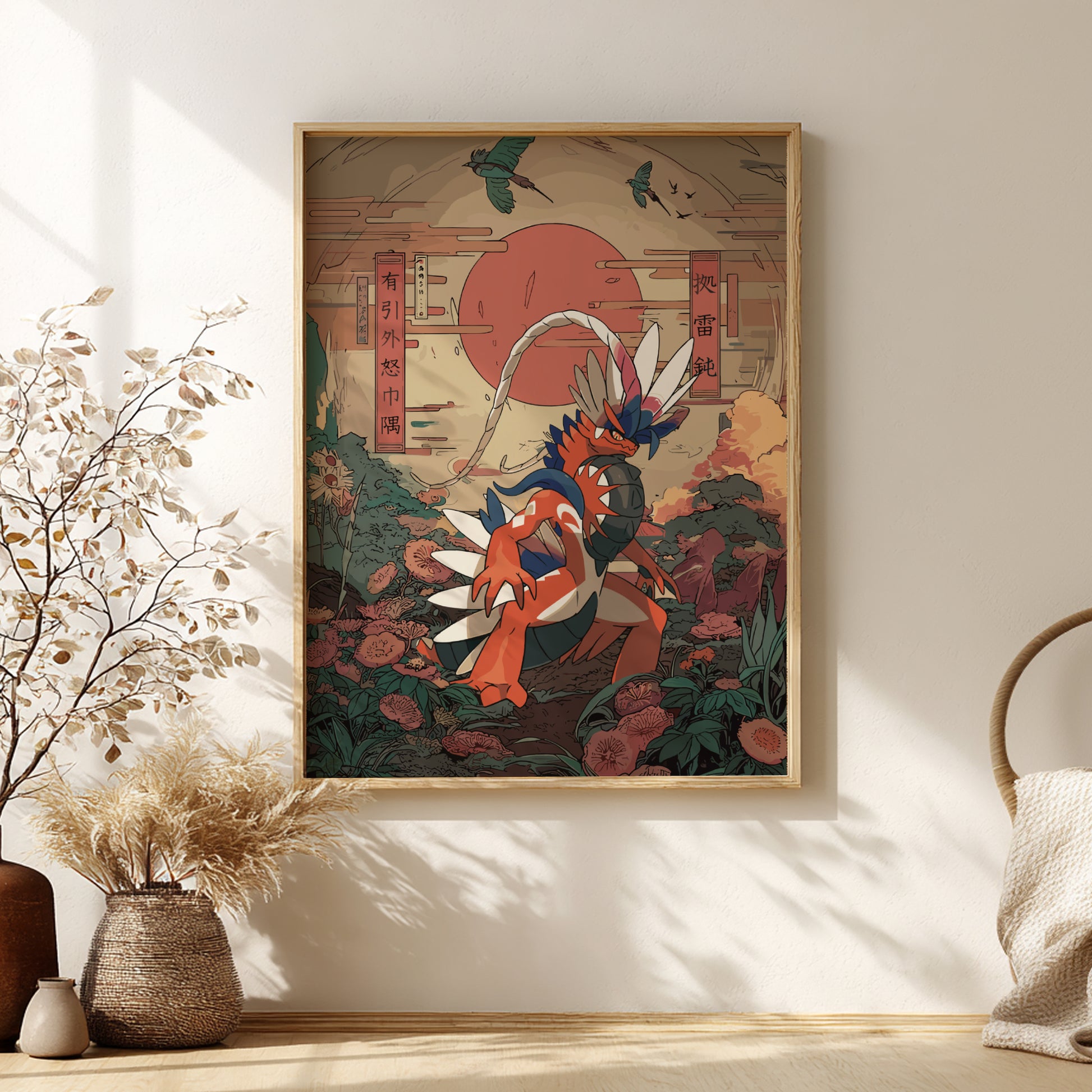 Framed artwork with a colorful design of Koraidon Pokemon character and nature elements on a wall.