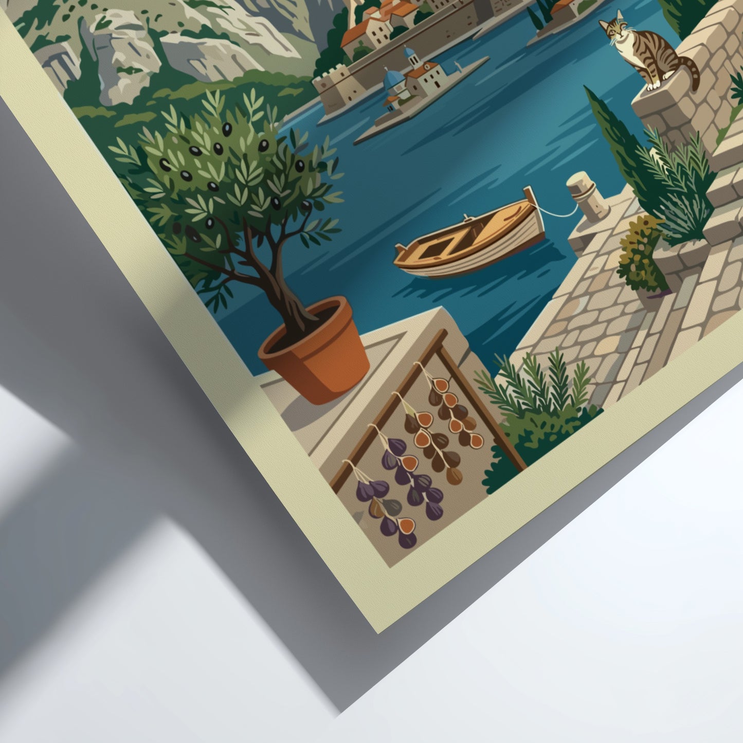 Kotor Montenegro travel poster featuring a stylized illustration of the walled city, mountains, and bay.