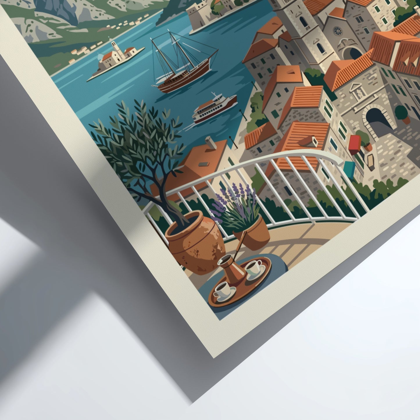 Vintage travel poster of Kotor, Montenegro, featuring the bay, mountains, and old town in a retro style.