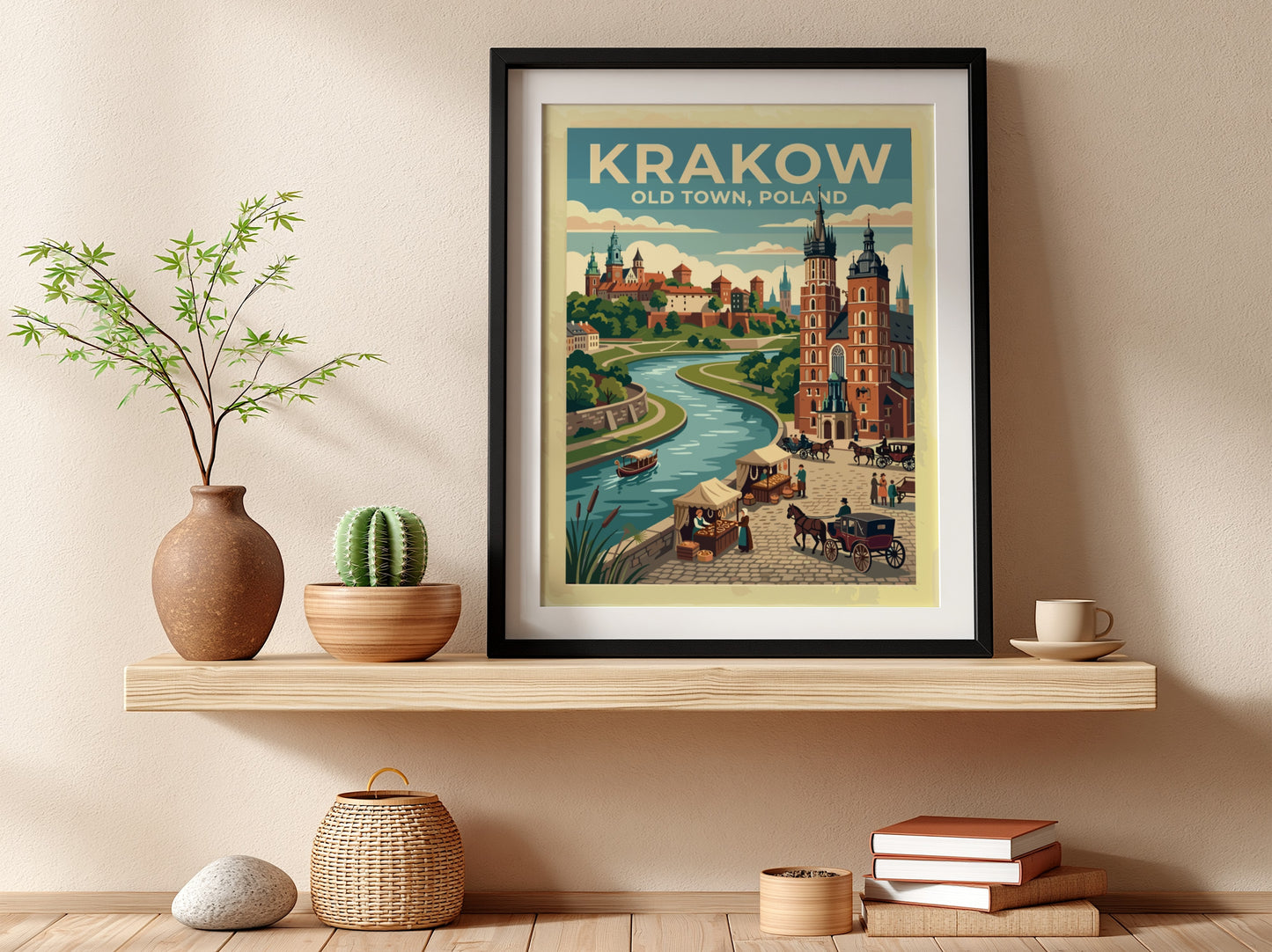 Travel poster of Krakow Old Town, Poland, featuring a river, historic buildings, and carriages.