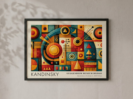 Wall art poster featuring Kandinsky geometric shapes and Guggenheim Museum Bilbao exhibition text