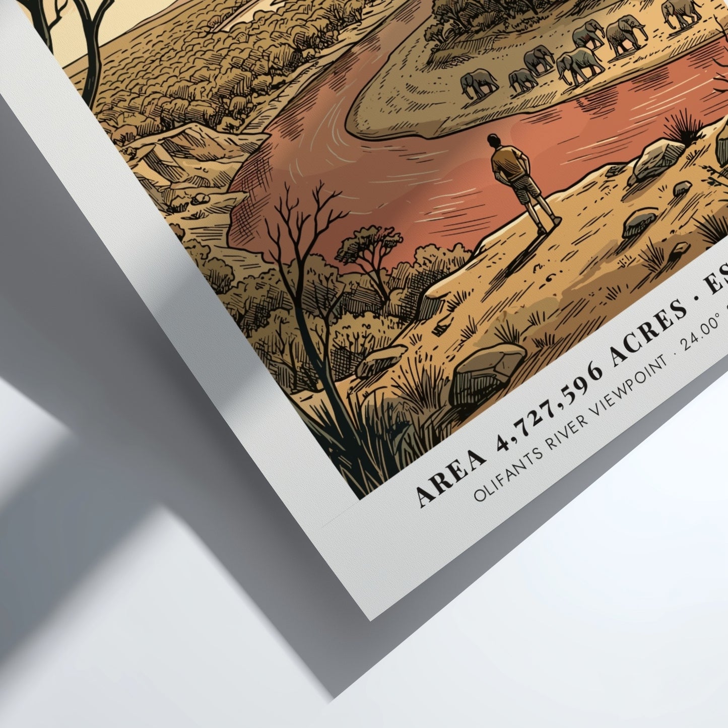 Kruger National Park poster showing an observer watching elephants near a winding river.