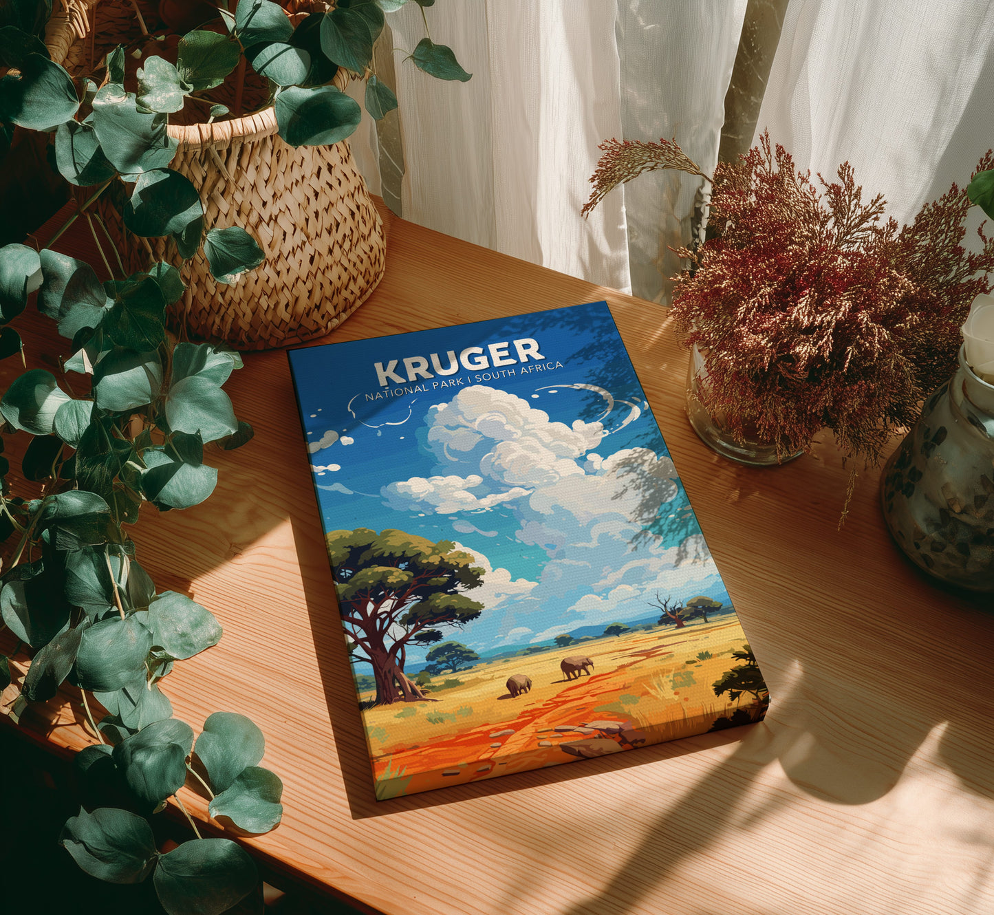Canvas artwork of 'Kruger' on a wooden table with plants around