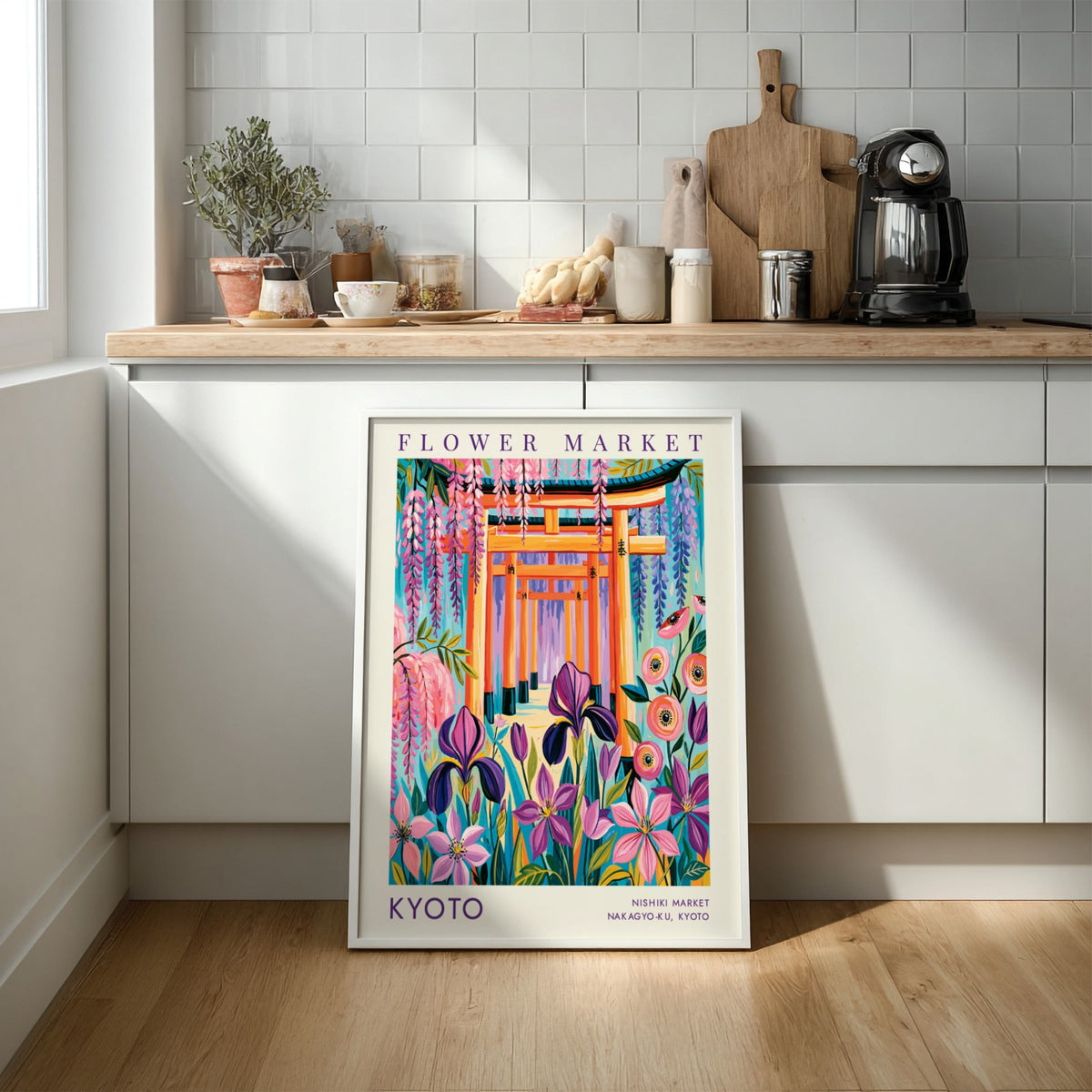 Flower market poster showcasing vibrant colors and floral designs inspired by Kyoto's cityscape