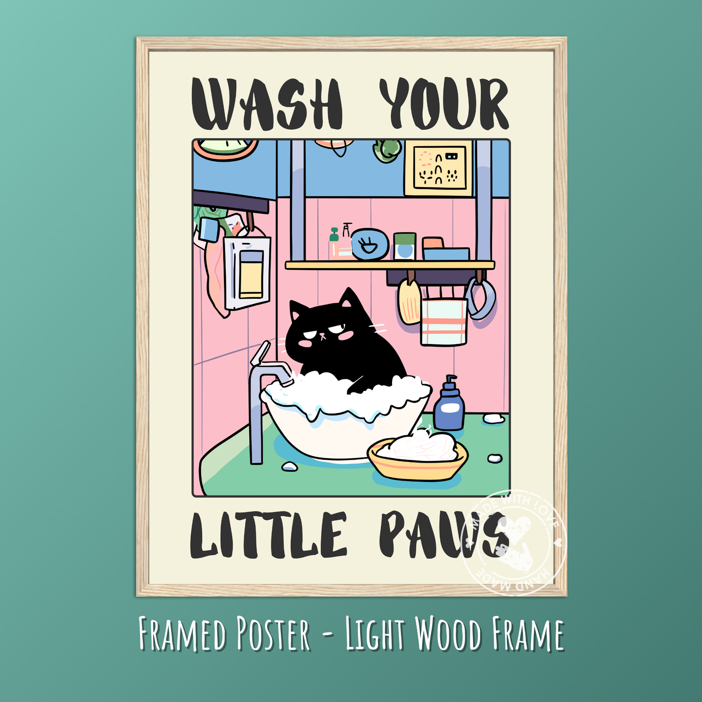 Wash Your Paws Black Cat Print – Funny Bathroom Poster