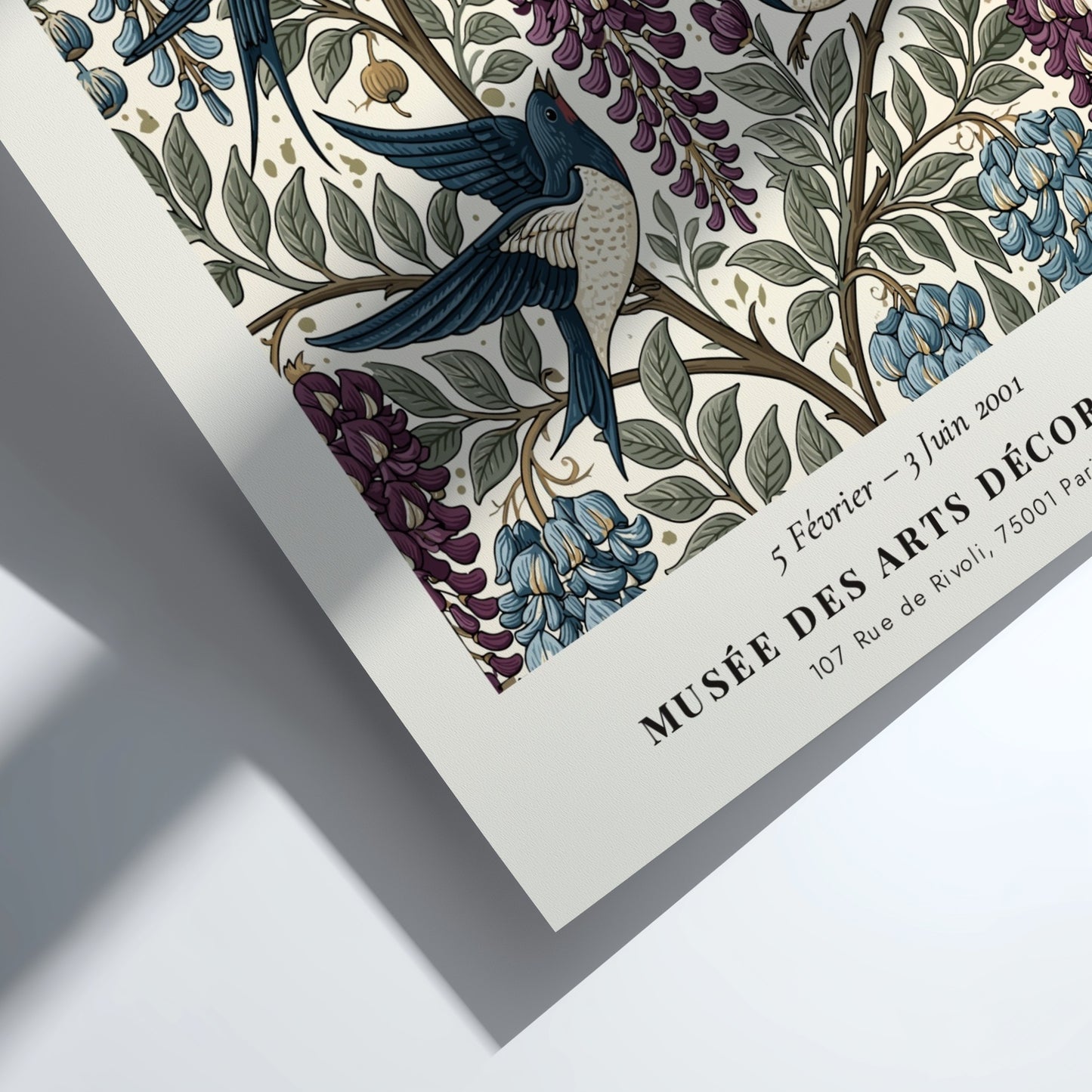 William Morris poster featuring swallows and wisteria in rich colors and intricate design