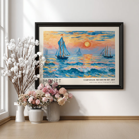 L'Aube - Mer Nacrée poster featuring Monet's coastal scene with vibrant blues and sunset hues
