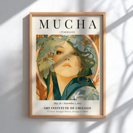 L'Émeraude poster by Alphonse Mucha featuring intricate details and soft green tones