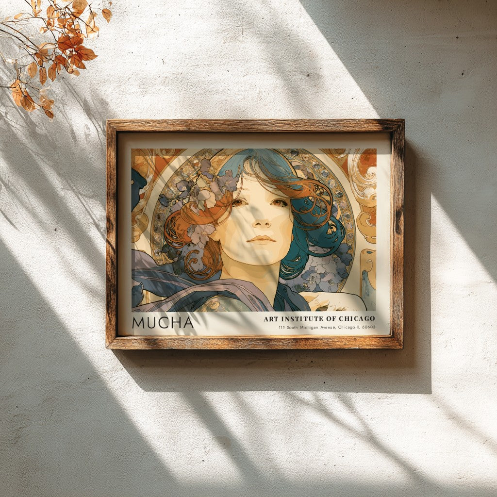 Wall art poster featuring Alphonse Mucha L'Émeraude portrait with blue and copper tones.