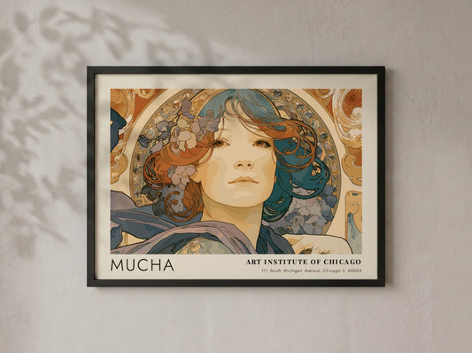 Wall art poster featuring Alphonse Mucha L'Émeraude portrait with blue and copper tones.