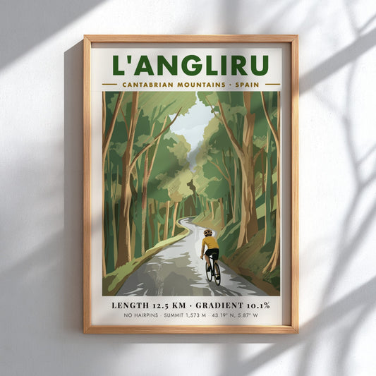 Cycling poster featuring a rider on the forested L'Angliru climb in Spain.