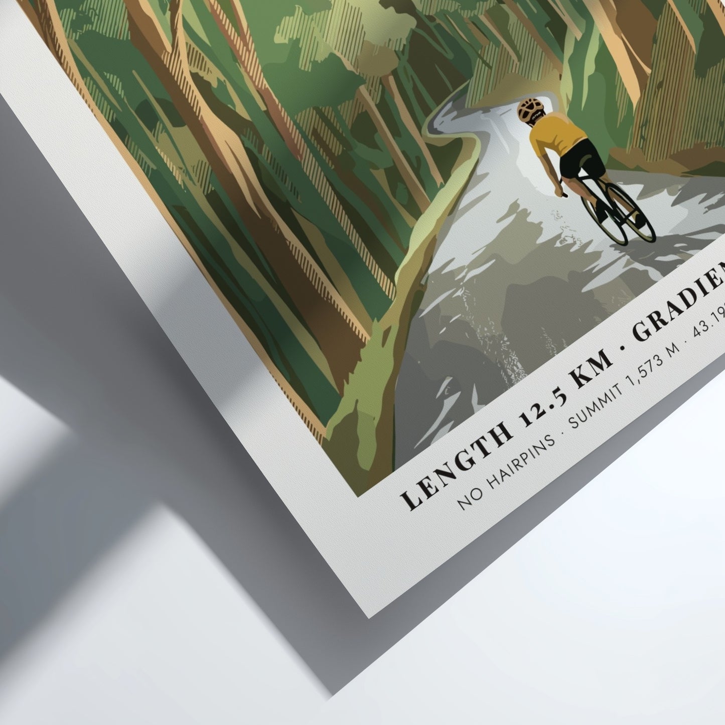 Cycling poster featuring a rider on the forested L'Angliru climb in Spain.