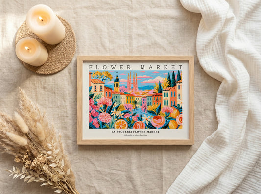 Flower market poster featuring La Boqueria in Barcelona with vibrant colors and floral designs