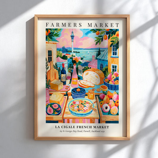 Farmers market poster featuring colorful produce and scenic view of La Cigale French Market in Auckland