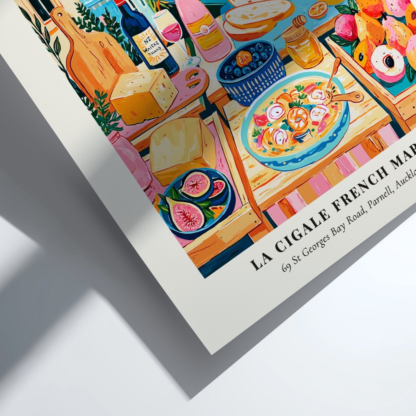 Farmers market poster featuring colorful produce and scenic view of La Cigale French Market in Auckland