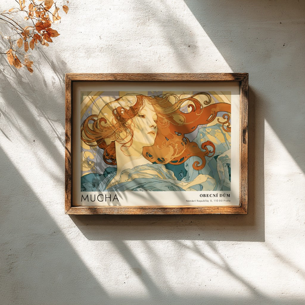 Wall art poster featuring Alphonse Mucha La Danse artwork with flowing hair and blues.