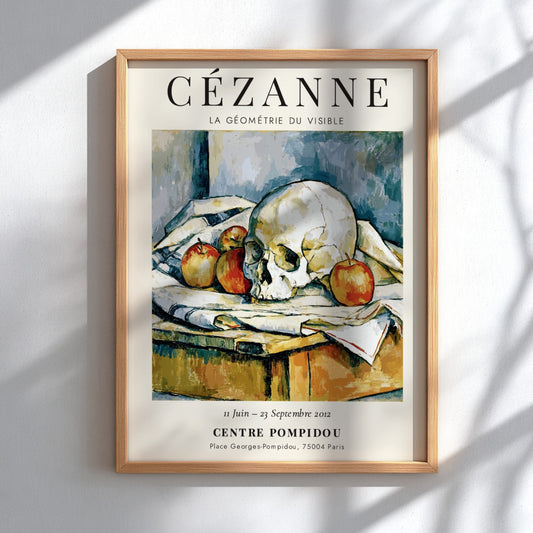 Cézanne Exhibition Posters featuring La Géométrie du Visible, showcasing a skull and apples in earthy tones