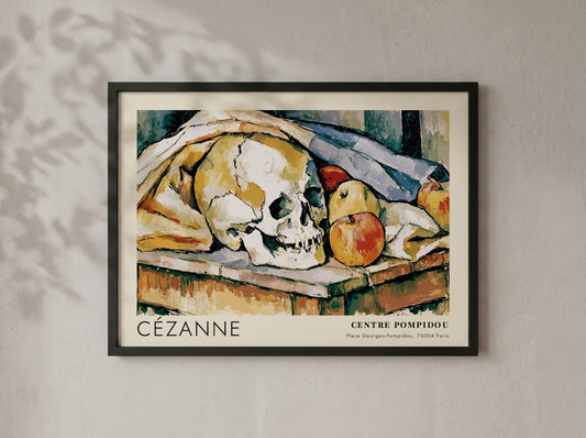 Wall art poster featuring a Cézanne still life painting with a skull and apples