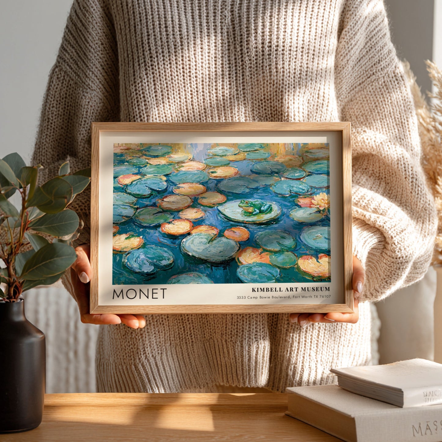 La Grenouille L'Étang Vert poster featuring Monet's water lilies in vibrant blues and greens