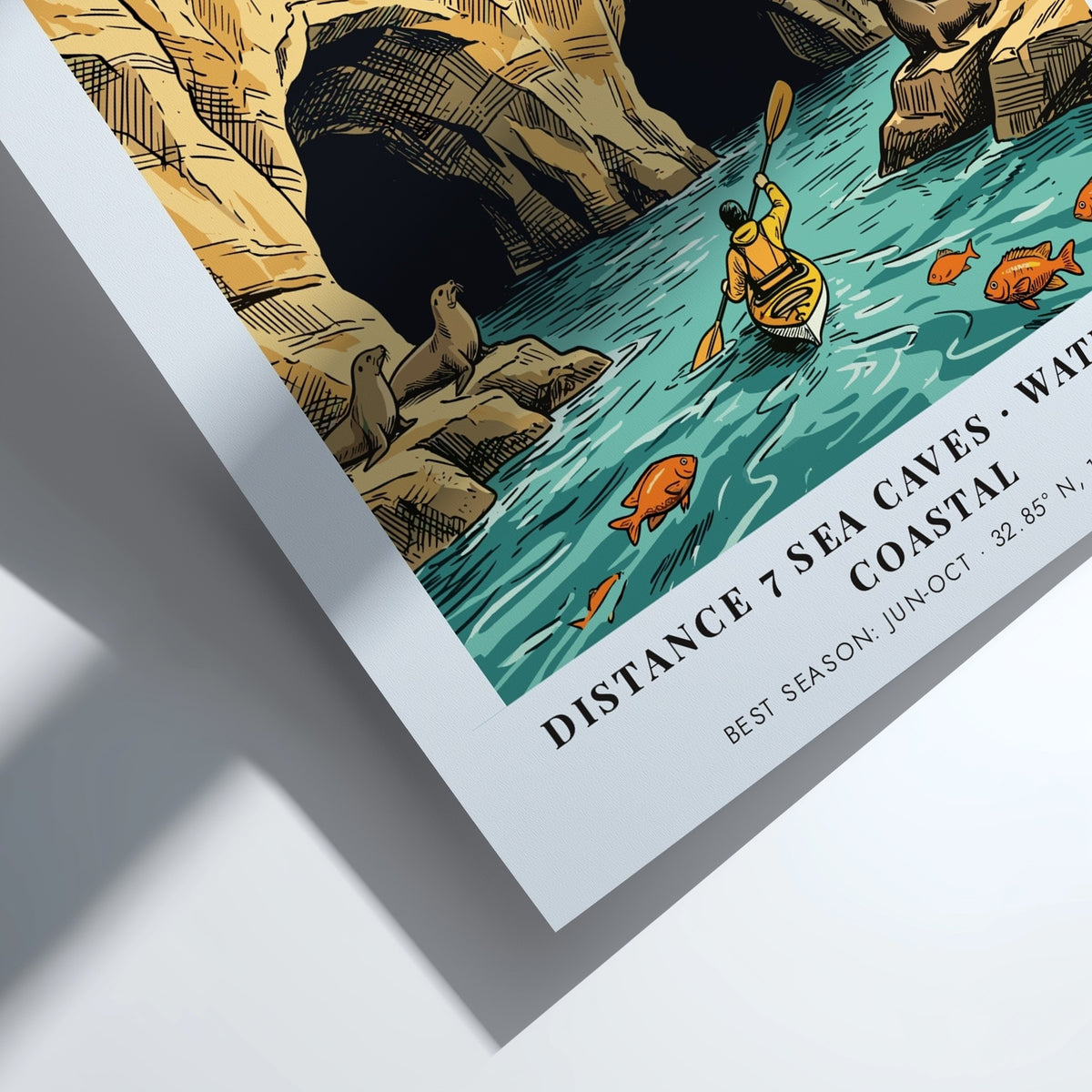 Poster of La Jolla coastline featuring sea caves, a kayaker, and sea lions.