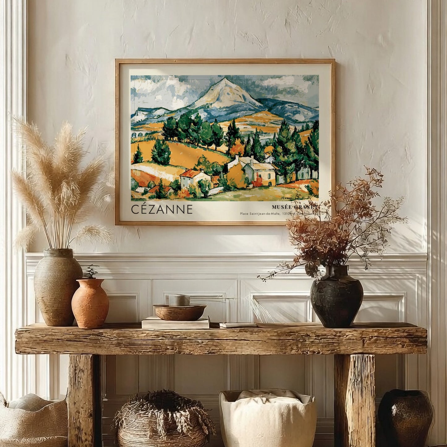 Wall art poster featuring Cézanne La Montagne Sainte-Victoire landscape in earth tones and green.