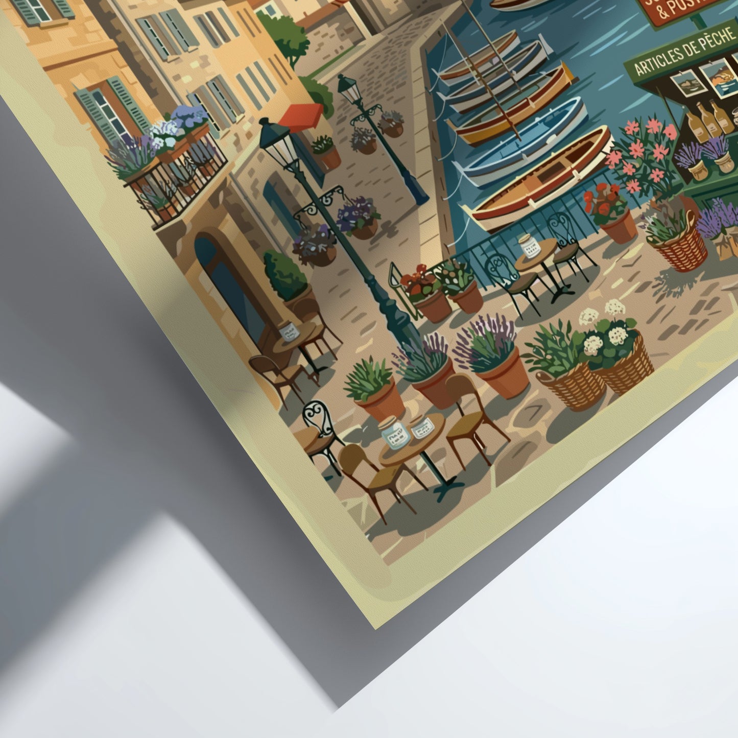 Illustrative travel poster of La Rochelle harbor in France, featuring boats, architecture, and cafes.