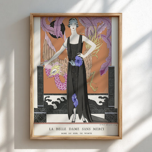 Art Nouveau poster of 'La Belle Dame Sans Merci' by George Barbier, featuring a woman in a black gown.