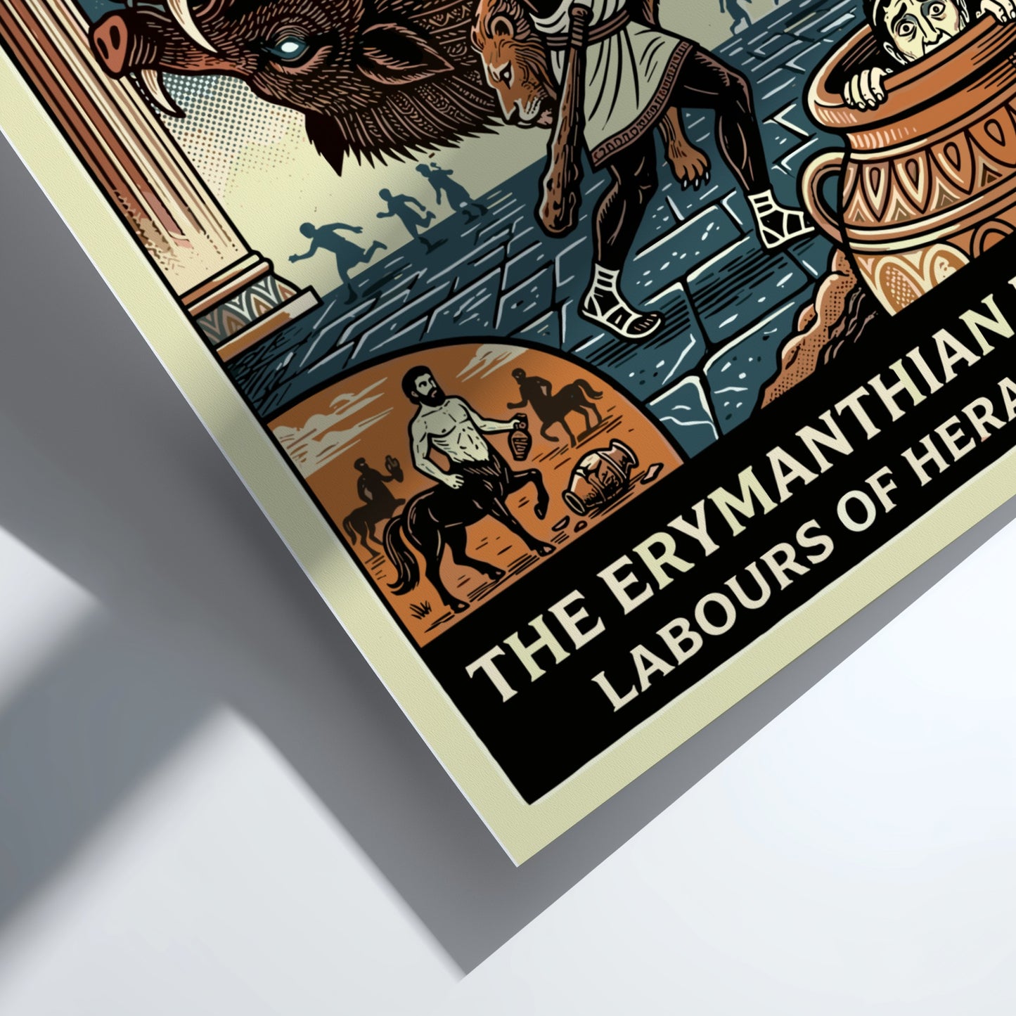 Erymanthian Boar poster featuring Heracles, Greek mythology art, vintage style, bold colors.