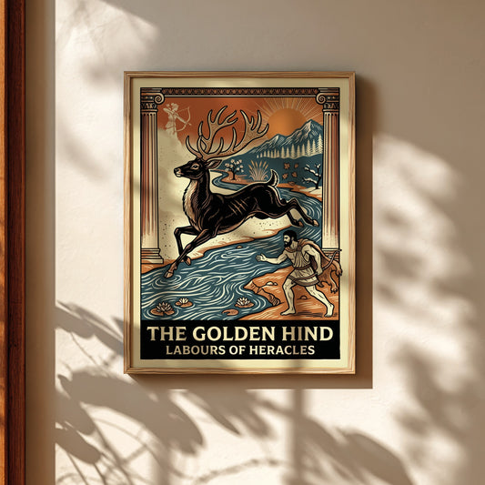 The Golden Hind Greek mythology poster with Heracles pursuing a deer near a river, art deco style.
