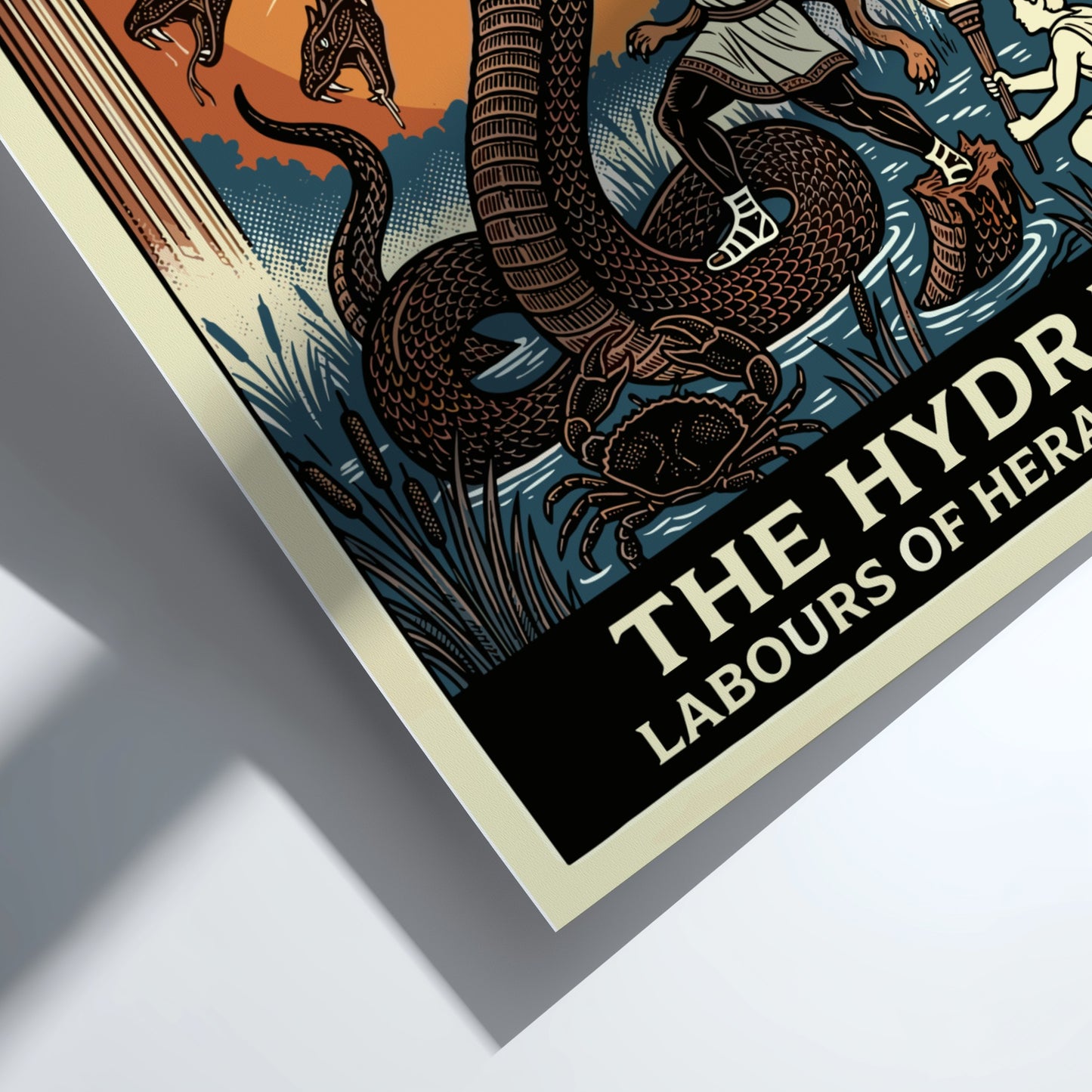 The Hydra Greek Mythology Poster featuring Heracles battling the multi-headed serpent, in a bold graphic