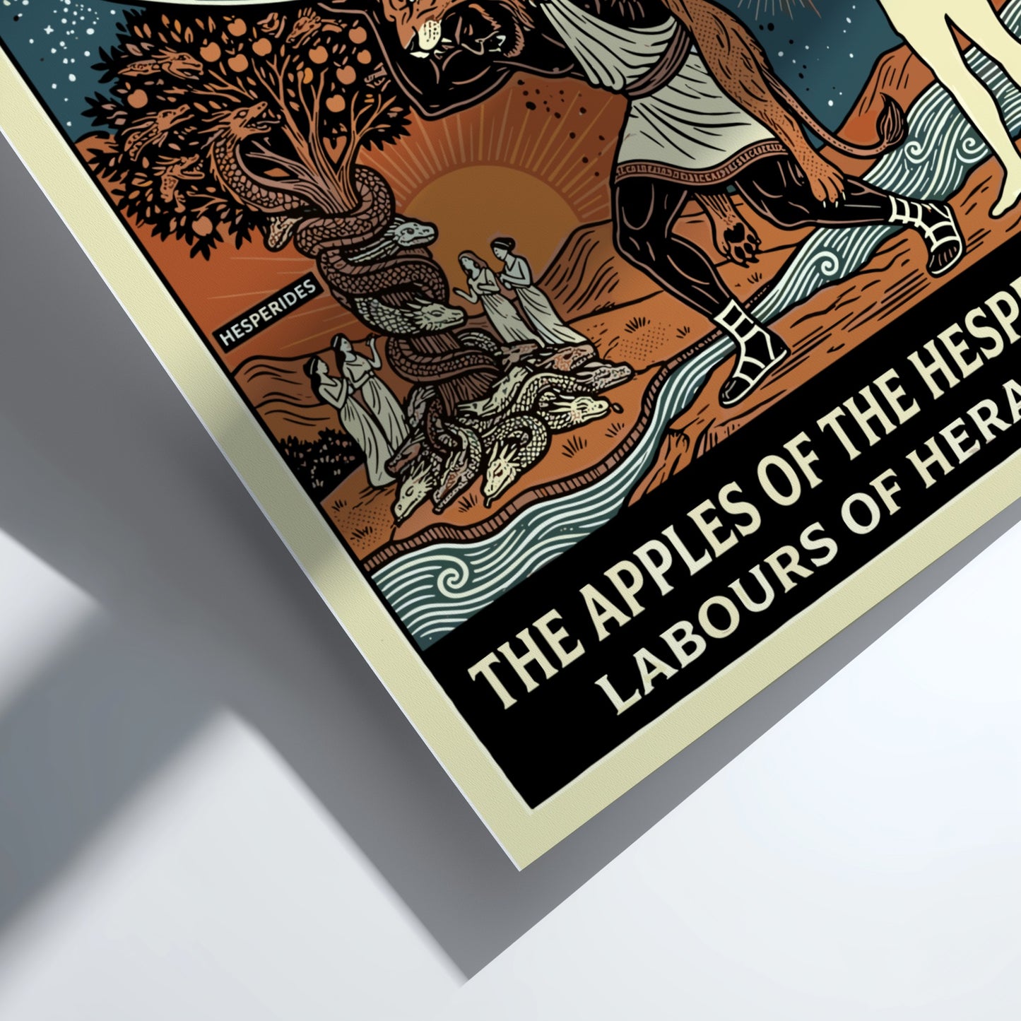 Poster of Greek mythology featuring Heracles, the Nemean Lion, Hesperides, and the Apples of the Hesperides