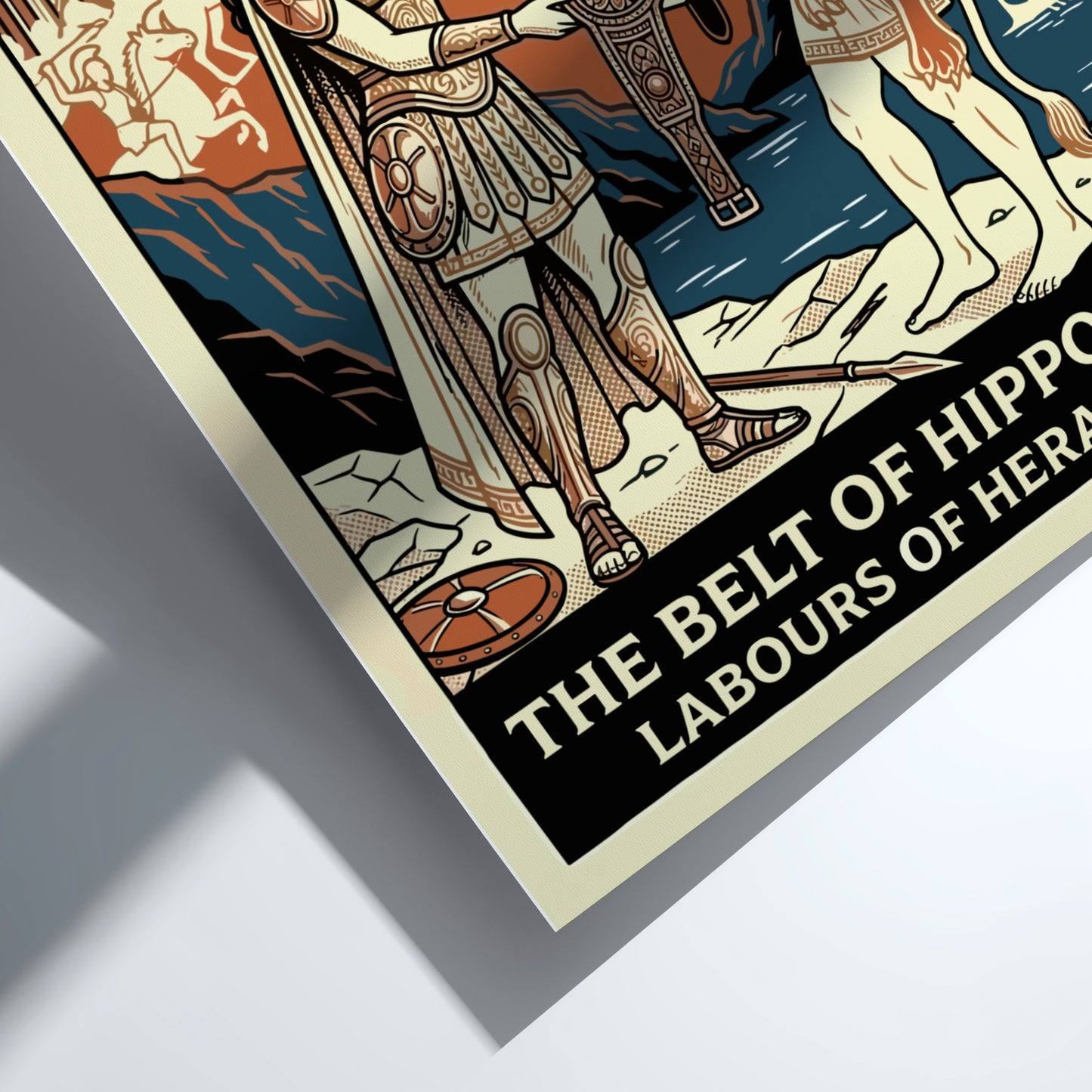 Vintage style poster of Heracles and Hippolyta from Greek mythology, featuring a lion pelt and ornate belt.