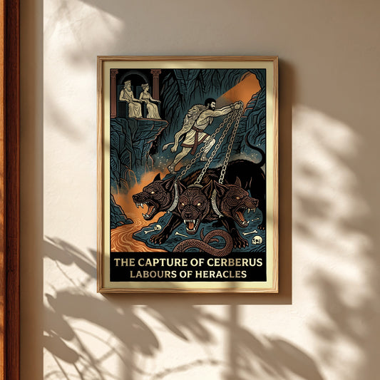 Heracles captures Cerberus poster in a graphic style, featuring the hero and the three-headed dog against a