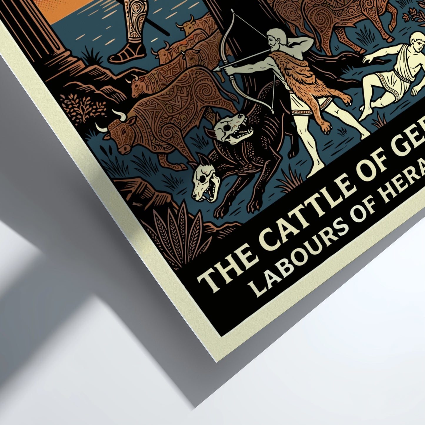 Geryon Greek Mythology poster with Heracles, cattle, and mythological figures in a bold, stylized ancient art