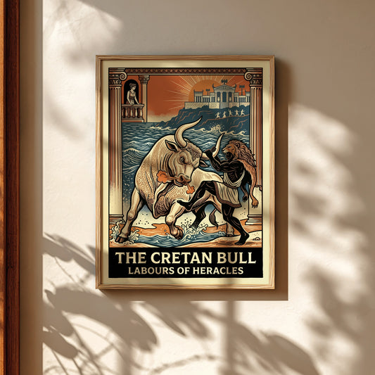 Poster of the Cretan Bull and Heracles from Greek mythology, featuring a stylized illustration and vibrant