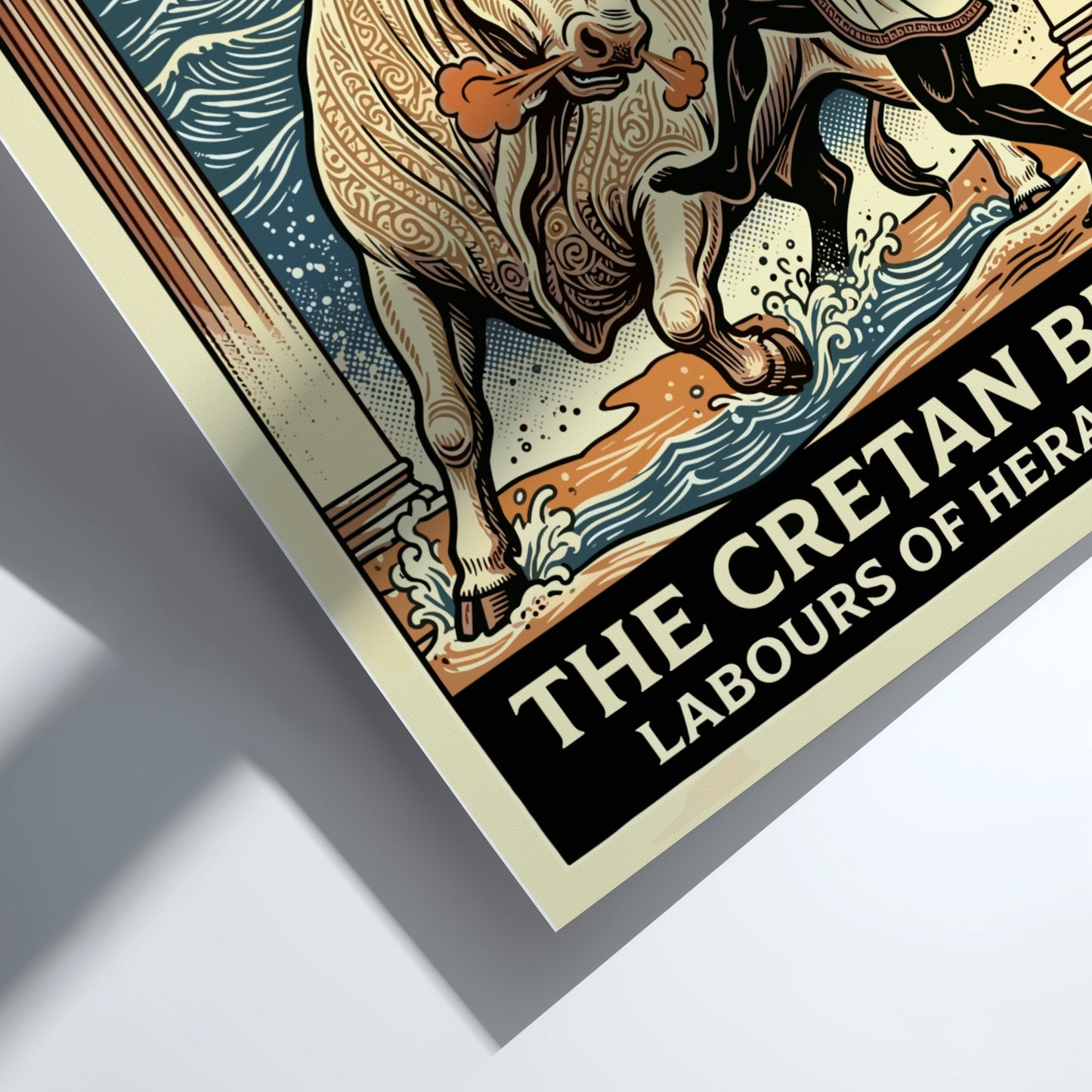 Poster of the Cretan Bull and Heracles from Greek mythology, featuring a stylized illustration and vibrant