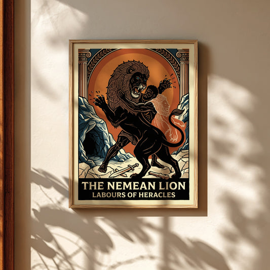 Nemean Lion poster featuring Heracles wrestling a lion, in a bold graphic style with an orange sun.