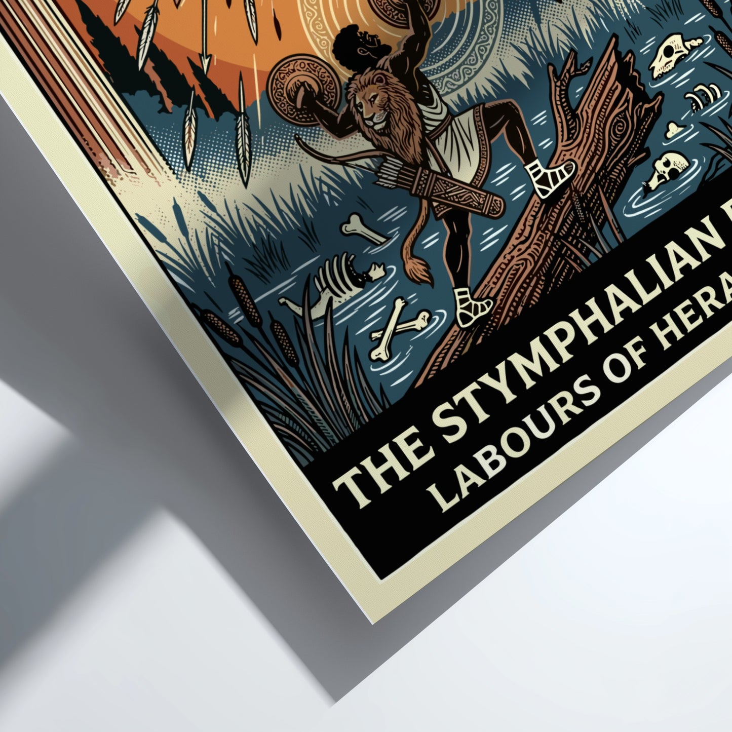 Stymphalian Birds poster featuring Heracles and mythical birds in a bold, illustrative style. Greek mythology