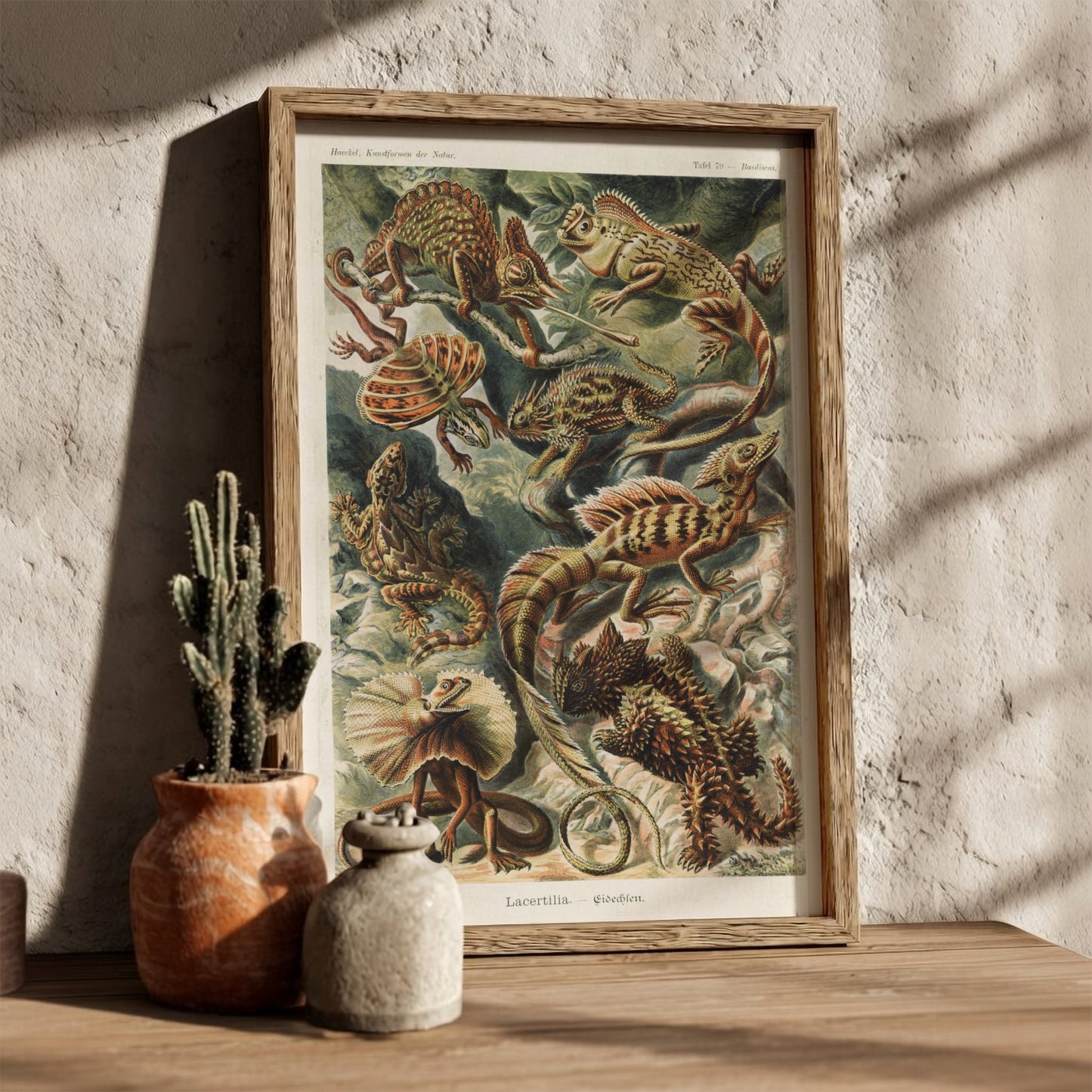 Vintage art poster featuring a detailed illustration of various lizards, known as Lacertilia, in earthy tones.