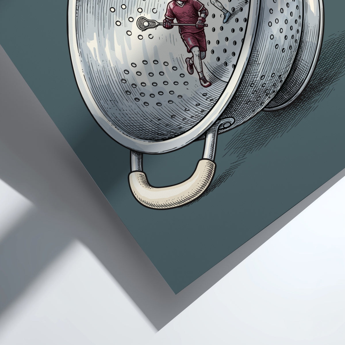 Poster featuring two lacrosse players competing inside a large silver kitchen colander illustration