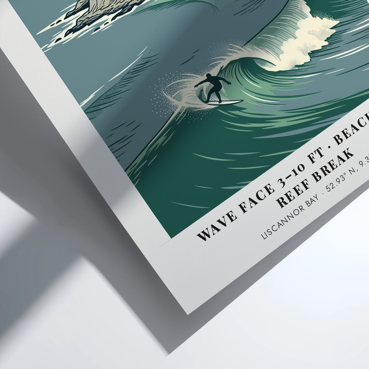 Poster of Lahinch with a surfer on a wave near cliffs and houses.