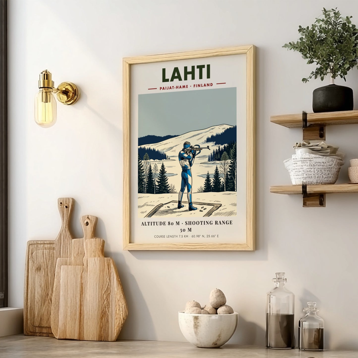 Poster of a biathlete in Finland with blue gear on a snowy range.