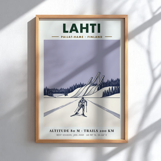 Poster featuring a cross-country skier in Lahti Finland with ski jumps and snow.