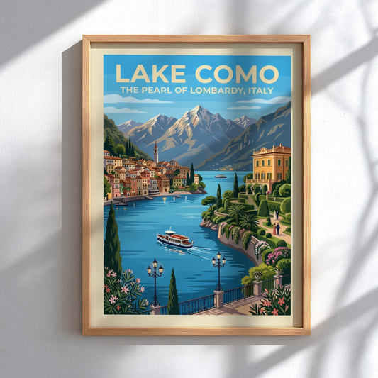 Travel poster of Lake Como featuring blue waters, terracotta villas and alpine mountains.
