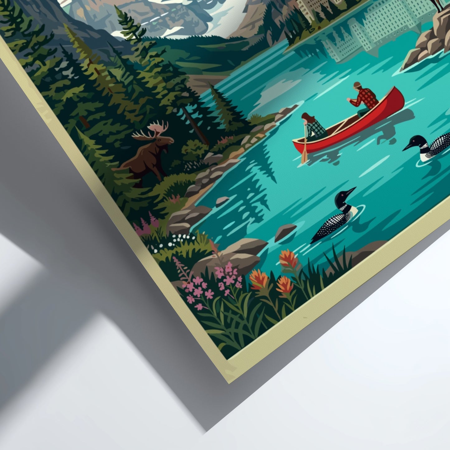 Travel poster of Banff Lake Louise featuring a canoe, mountain scenery, and wildlife.