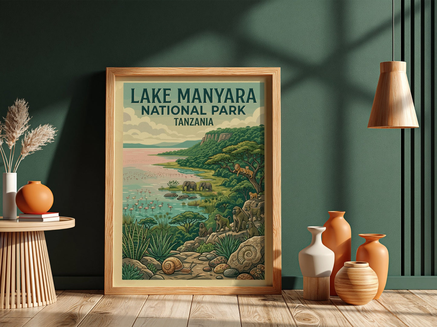 Lake Manyara National Park poster featuring wildlife, vibrant colors, and nature elements in a detailed