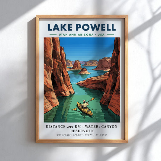 Poster showing a kayaker paddling through the deep blue waters of Lake Powell canyons.